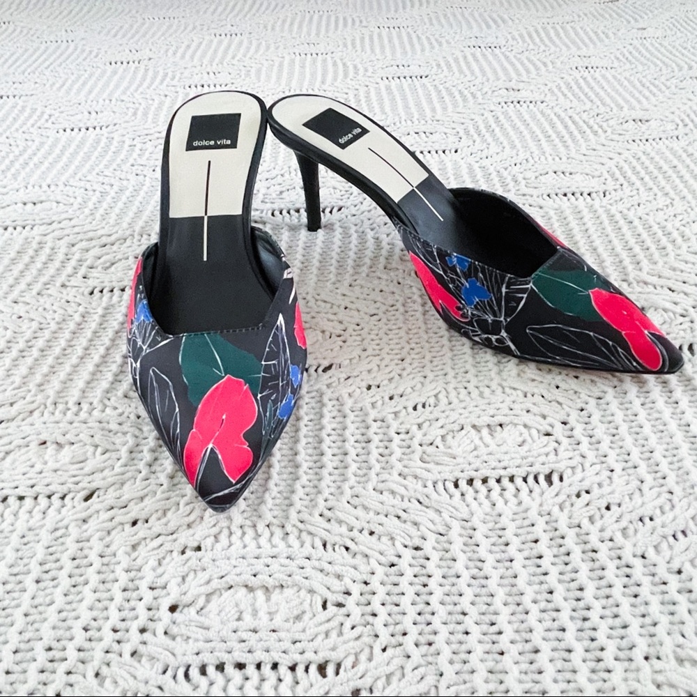Dolce Vita Black Floral Pointed-Toe Mules with Pink & Green Accents